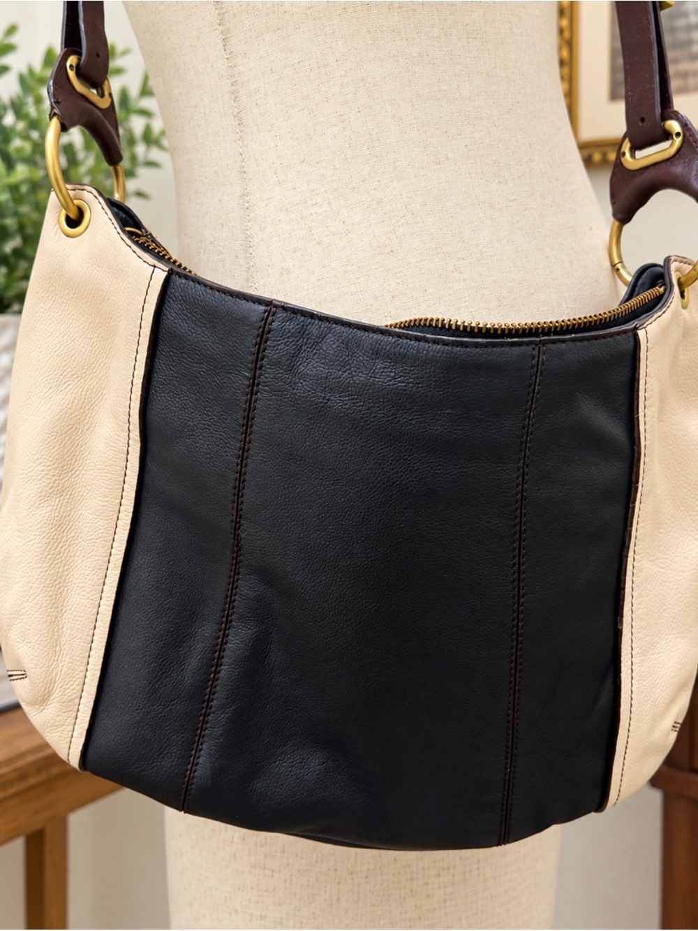 orYANY Victoria Two-Tone Leather Slouchy Hobo Crossbody Bag Black & Cream